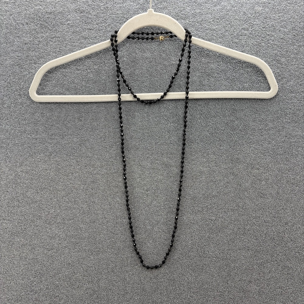 Vintage Jet Beaded Necklace Womens Black Faceted Opera Length Austrian